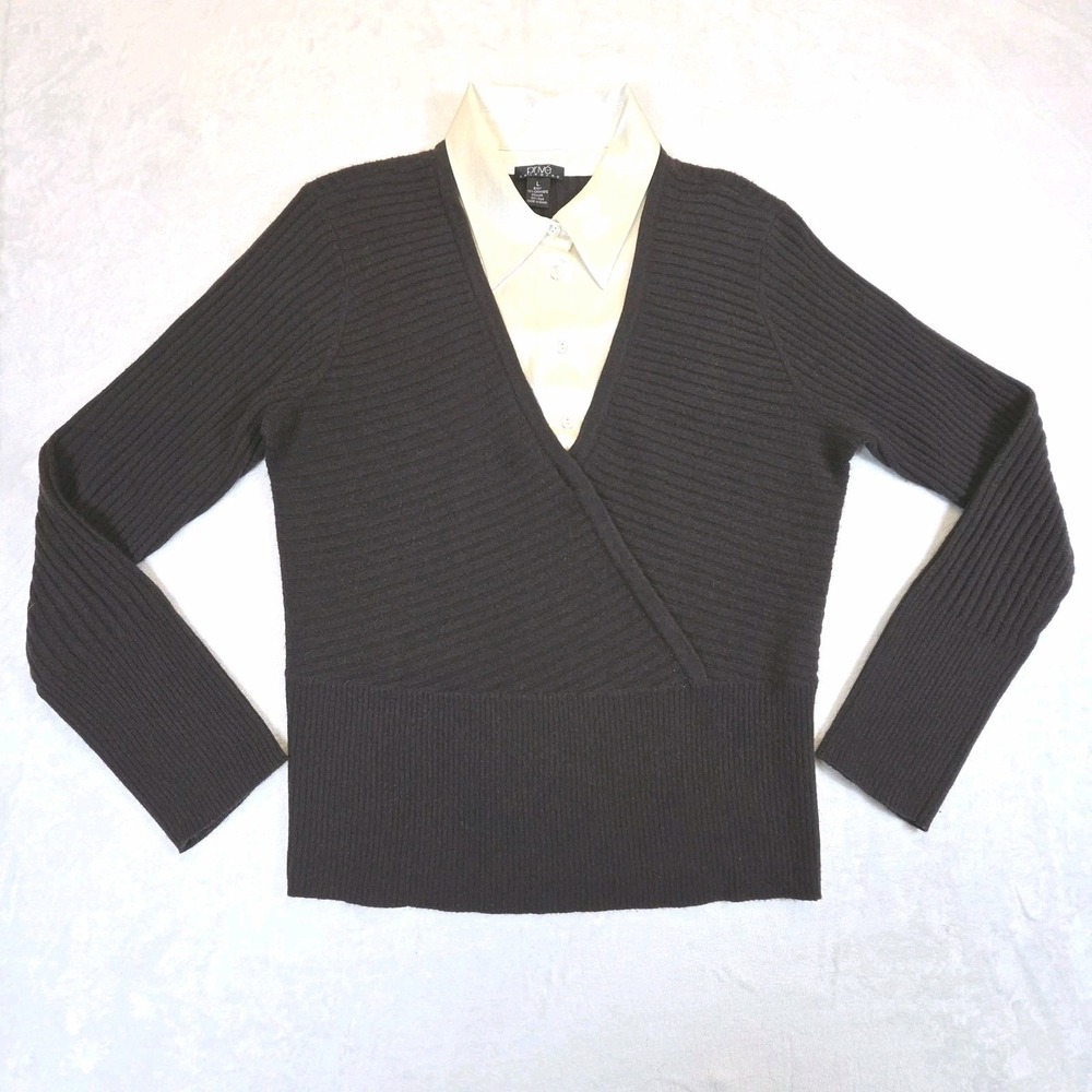Prive Cashmere Sweater & Silk Collar Womens Large Brown Ribbed Wrap Cross Front